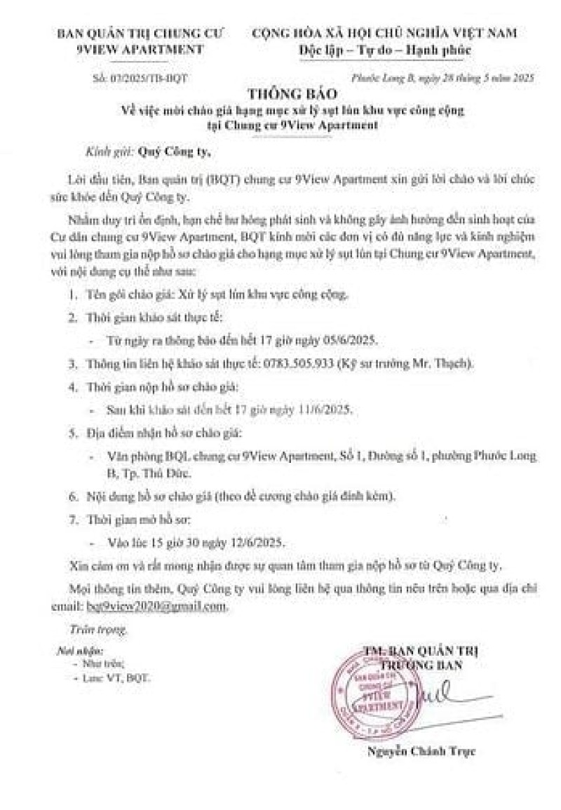 Chào giá xử lý chống thấm chung cư 9View Apartment Chào giá xử lý chống thấm chung cư 9View Apartment