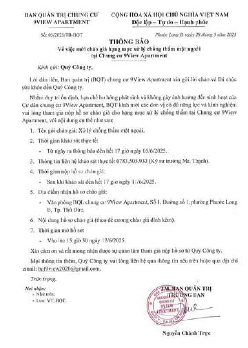 Chào giá xử lý chống thấm chung cư 9View Apartment Chào giá xử lý chống thấm chung cư 9View Apartment