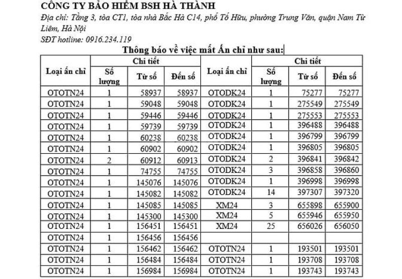 Công ty Bảo hiểm BSH Hà Thành thông báo mất ấn chỉ Công ty Bảo hiểm BSH Hà Thành thông báo mất ấn chỉ