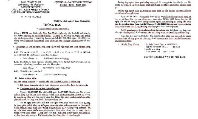 Cty TNHH MTV Cảng Bến Nghé thông báo bán vật tư phế liệu thanh lý Cty TNHH MTV Cảng Bến Nghé thông báo bán vật tư phế liệu thanh lý