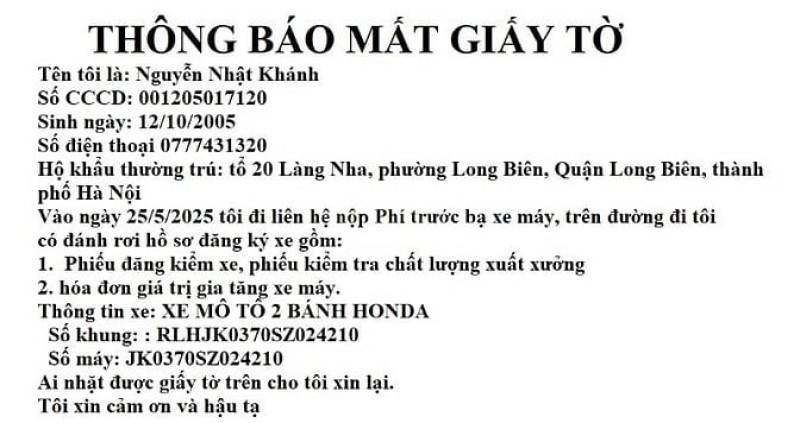 Thông báo mất giấy tờ: Phiếu đăng kiểm và hóa đơn giá trị gia tăng Thông báo mất giấy tờ: Phiếu đăng kiểm và hóa đơn giá trị gia tăng